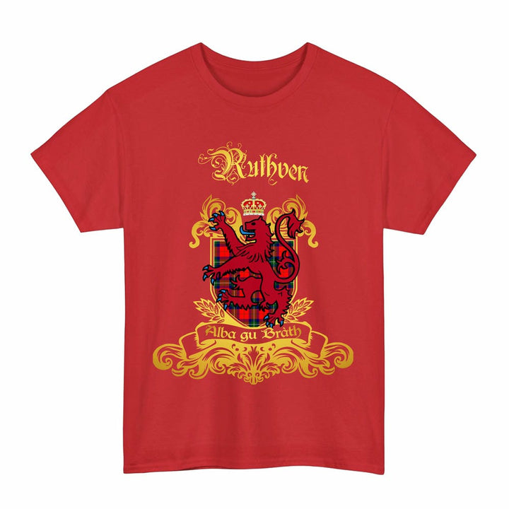 Scottish Ruthven Clan Tartan Lion Rampant of Scotland T-Shirt Tartan Plaid Red Color