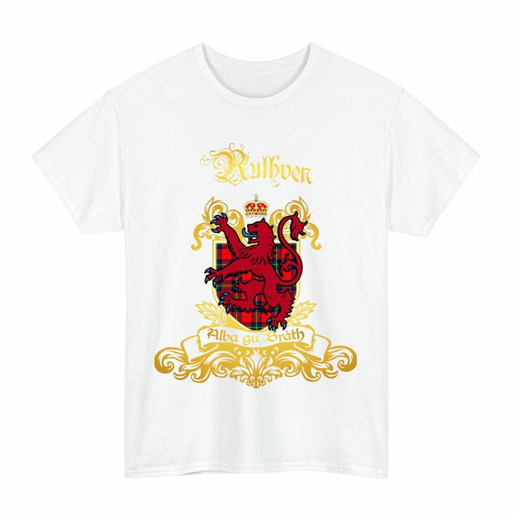 Scottish Ruthven Clan Tartan Lion Rampant of Scotland T-Shirt Tartan Plaid White Color