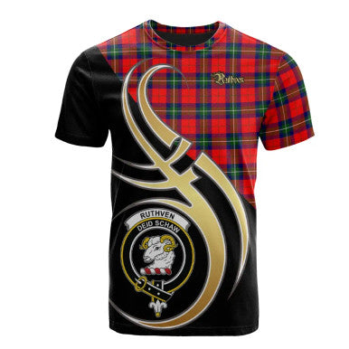 Scottish Ruthven Modern Clan Crest Tartan T-Shirt Believe in Me Front Side Tartan Plaid