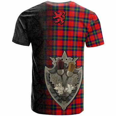 Scottish Ruthven Modern Clan Tartan T-Shirt - Half Thistle Flowers Celtic Design Back Side Tartan Plaid