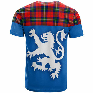 Scottish Ruthven Modern Clan Tartan T-Shirt - Lion Rampant of Scotland With Flag Back Side Tartan Plaid