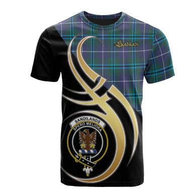 Scottish Sandilands Clan Crest Tartan T-Shirt Believe in Me Front Side Tartan Plaid