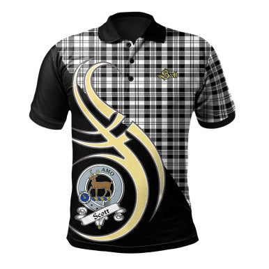 Scottish Scott Black & White Modern Clan Crest Tartan Polo Shirt Believe in Me Front Side Tartan Plaid