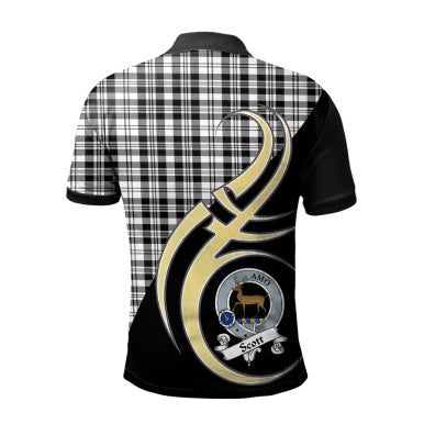 Scottish Scott Black & White Modern Clan Crest Tartan Polo Shirt Believe in Me Back Side Tartan Plaid