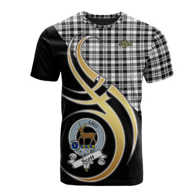 Scottish Scott Black & White Modern Clan Crest Tartan T-Shirt Believe in Me Front Side Tartan Plaid