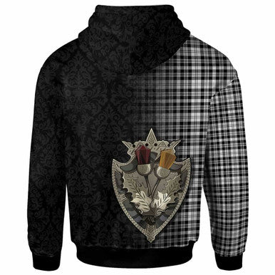 Scottish Scott Black & White Modern Clan Tartan Hoodie - Half Thistle Flowers Celtic Design Back Side Tartan Plaid