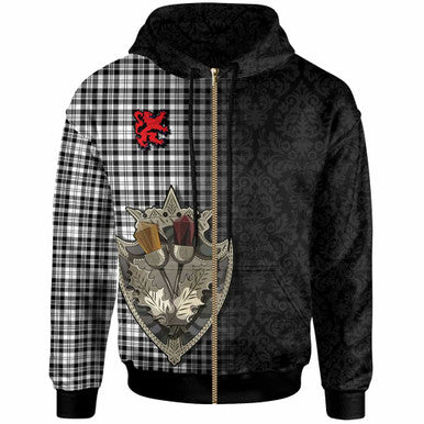 Scottish Scott Black & White Modern Clan Tartan Hoodie - Half Thistle Flowers Celtic Design Zip-up Tartan Plaid