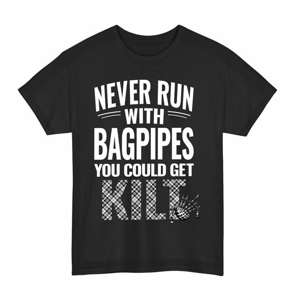 Scottish Scott Black & White Modern Clan Tartan Never Run With Bagpipes T-Shirt Tartan Plaid Black Color
