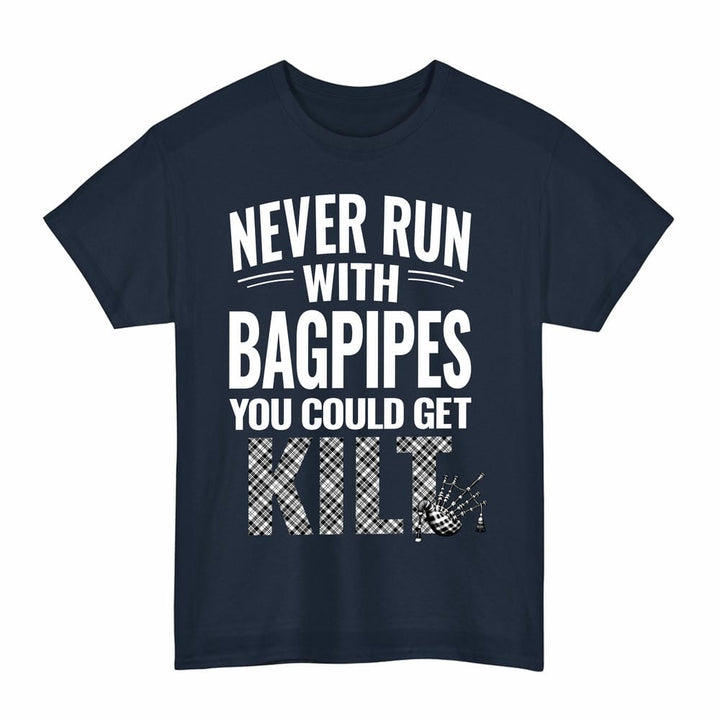 Scottish Scott Black & White Modern Clan Tartan Never Run With Bagpipes T-Shirt Tartan Plaid Navy Color