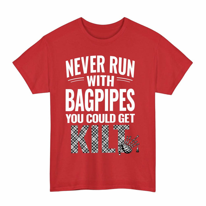 Scottish Scott Black & White Modern Clan Tartan Never Run With Bagpipes T-Shirt Tartan Plaid Red Color