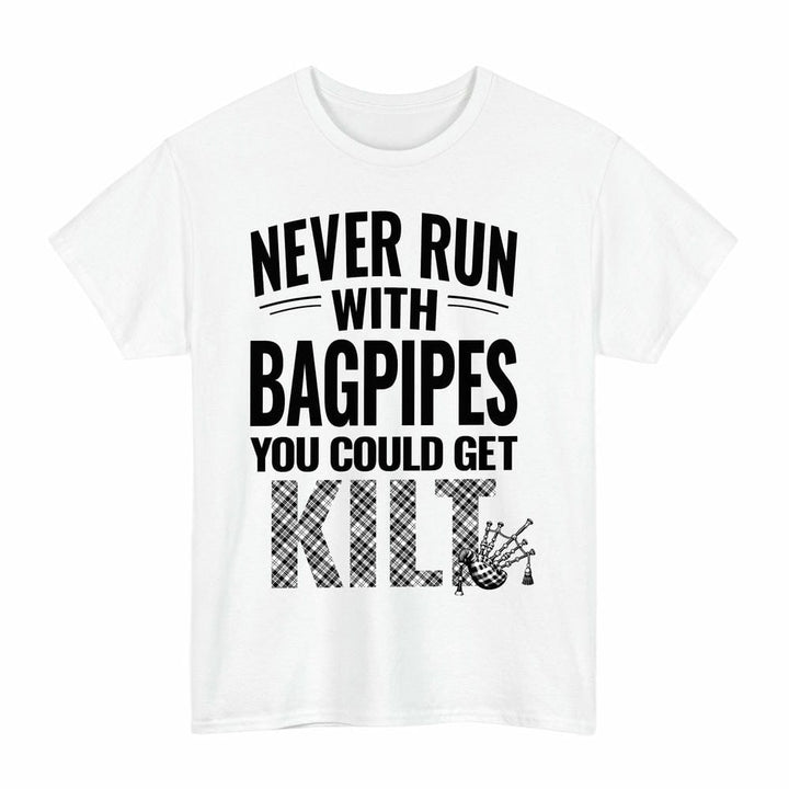 Scottish Scott Black & White Modern Clan Tartan Never Run With Bagpipes T-Shirt Tartan Plaid White Color