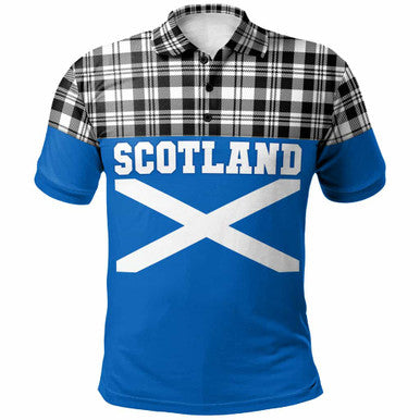 Scottish Scott Black & White Modern Clan Tartan Polo Shirt - Lion Rampant of Scotland With Flag Front Side Tartan Plaid