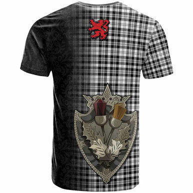 Scottish Scott Black & White Modern Clan Tartan T-Shirt - Half Thistle Flowers Celtic Design Back Side Tartan Plaid