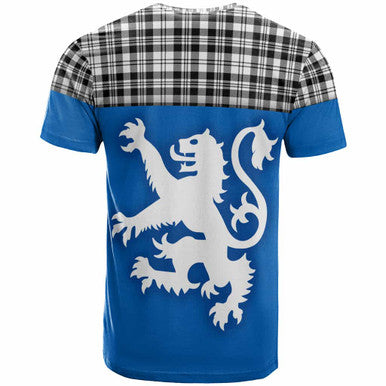 Scottish Scott Black & White Modern Clan Tartan T-Shirt - Lion Rampant of Scotland With Flag Back Side Tartan Plaid
