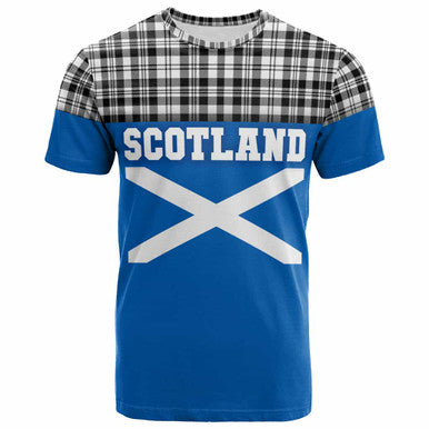 Scottish Scott Black & White Modern Clan Tartan T-Shirt - Lion Rampant of Scotland With Flag Front Side Tartan Plaid