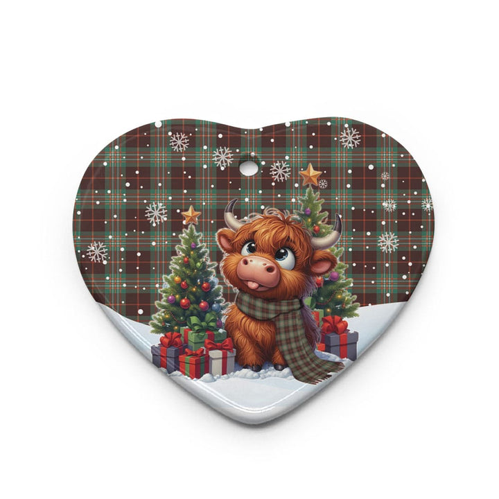 Scottish Scott Brown Ancient Clan Tartan Ceramic Ornament Cute Highland Cow Christmas Heart Style Tartan Plaid