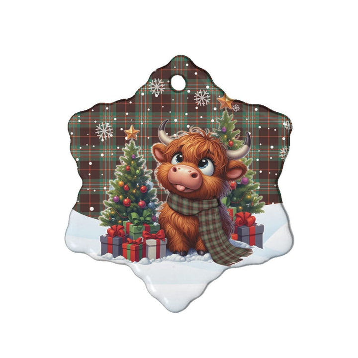 Scottish Scott Brown Ancient Clan Tartan Ceramic Ornament Cute Highland Cow Christmas Snow Flake Style Tartan Plaid