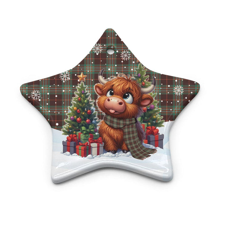 Scottish Scott Brown Ancient Clan Tartan Ceramic Ornament Cute Highland Cow Christmas Star Style Tartan Plaid