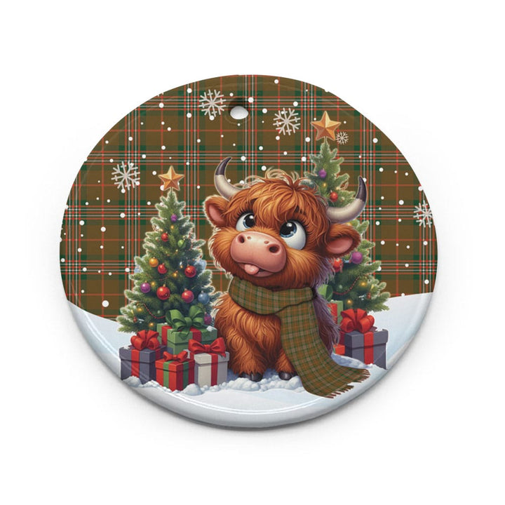 Scottish Scott Brown Modern Clan Tartan Ceramic Ornament Cute Highland Cow Christmas Circle Style Tartan Plaid