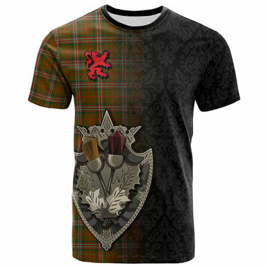 Scottish Scott Brown Modern Clan Tartan T-Shirt - Half Thistle Flowers Celtic Design Front Side Tartan Plaid