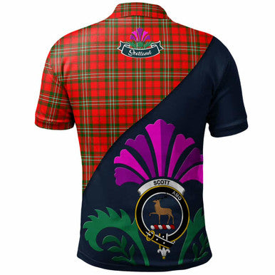 Scottish Scott Clan Crest Tartan Polo Shirt - Scotland Thistle Style Back Side Tartan Plaid