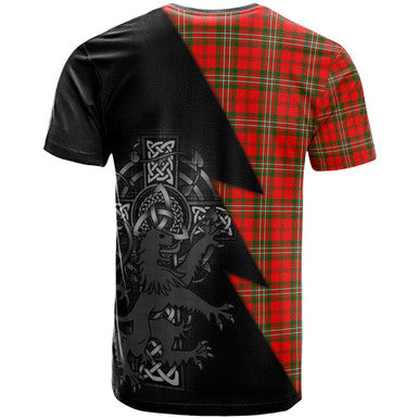 Scottish Scott Clan Crest Tartan T-Shirt - Lion Rampant Celtic Cross Flash Style Back Side Tartan Plaid