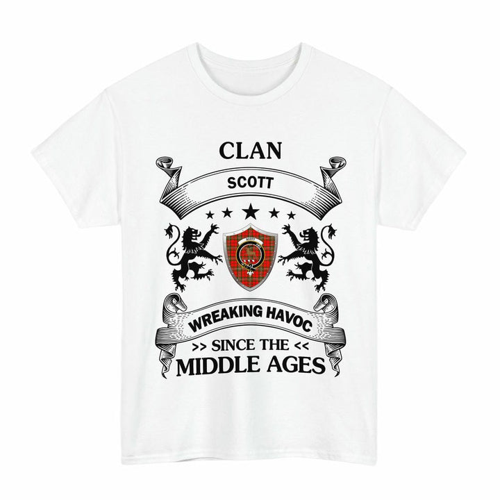 Scottish Scott Clan Crest Tartan T-Shirt Wreaking Havoc Design Tartan Plaid White Color