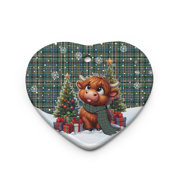 Scottish Scott Green Ancient Clan Tartan Ceramic Ornament Cute Highland Cow Christmas Heart Style Tartan Plaid