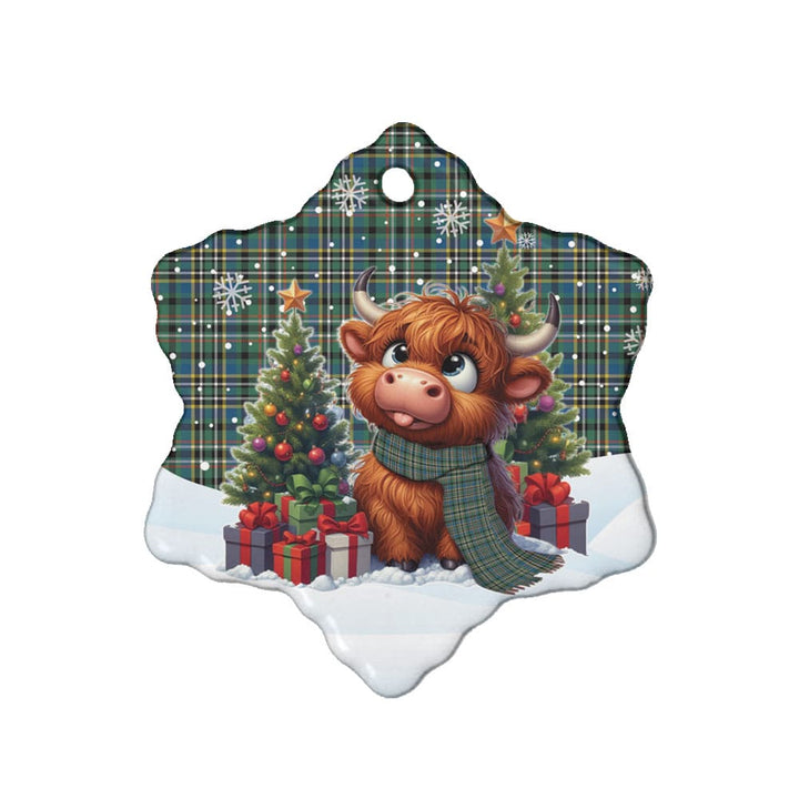Scottish Scott Green Ancient Clan Tartan Ceramic Ornament Cute Highland Cow Christmas Snow Flake Style Tartan Plaid