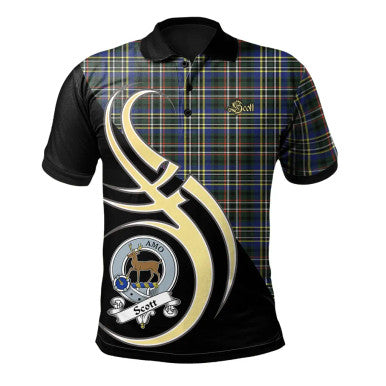 Scottish Scott Green Modern Clan Crest Tartan Polo Shirt Believe in Me Front Side Tartan Plaid