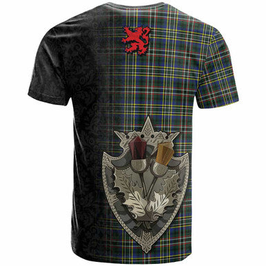 Scottish Scott Green Modern Clan Tartan T-Shirt - Half Thistle Flowers Celtic Design Back Side Tartan Plaid