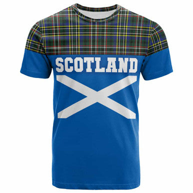 Scottish Scott Green Modern Clan Tartan T-Shirt - Lion Rampant of Scotland With Flag Front Side Tartan Plaid