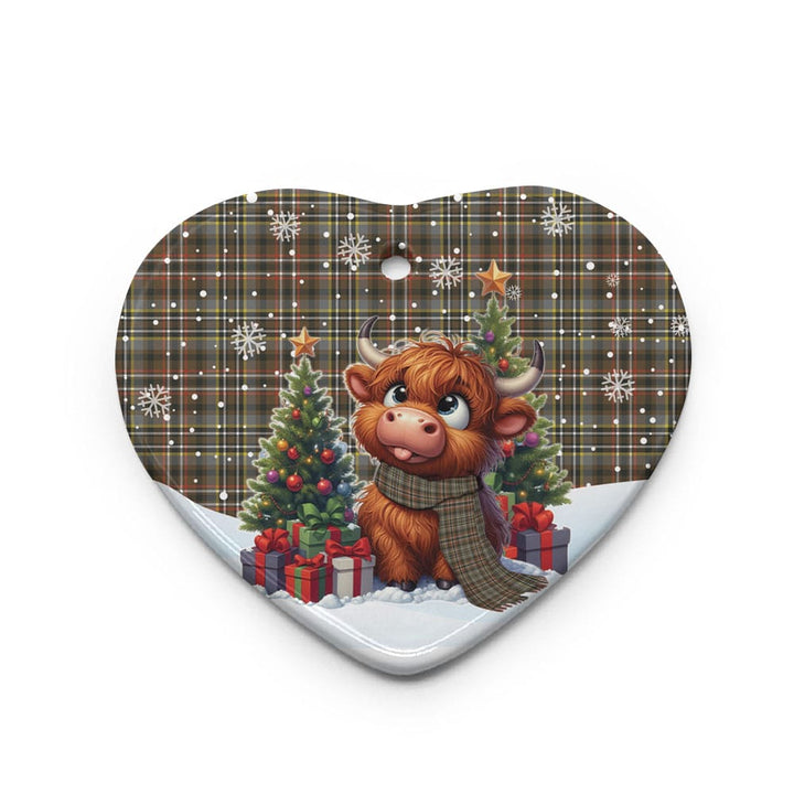 Scottish Scott Green Weathered Clan Tartan Ceramic Ornament Cute Highland Cow Christmas Heart Style Tartan Plaid