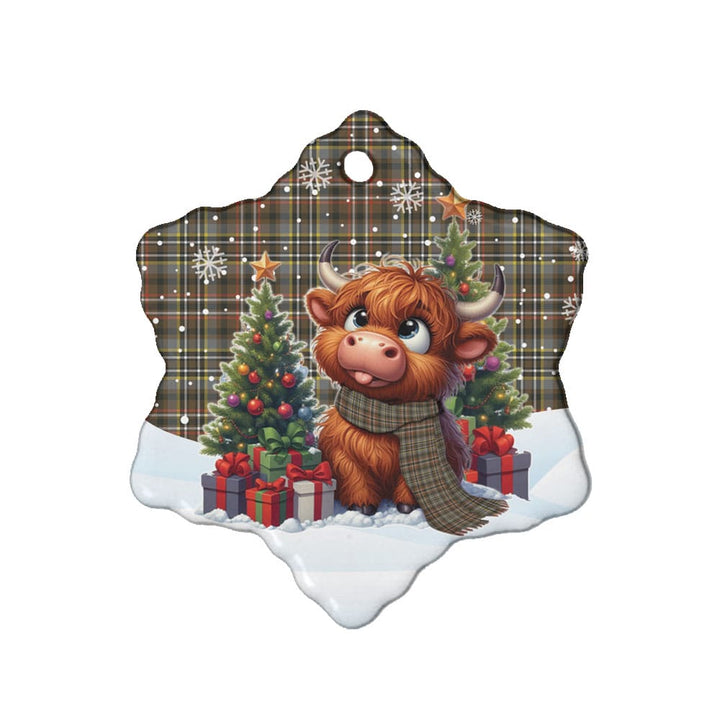 Scottish Scott Green Weathered Clan Tartan Ceramic Ornament Cute Highland Cow Christmas Snow Flake Style Tartan Plaid