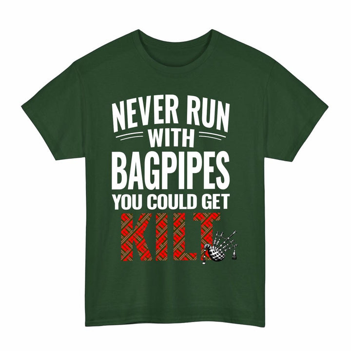 Scottish Scott Modern Clan Tartan Never Run With Bagpipes T-Shirt Tartan Plaid Forest Green Color