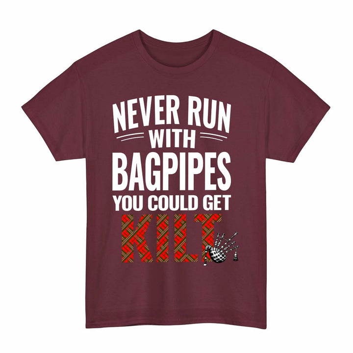 Scottish Scott Modern Clan Tartan Never Run With Bagpipes T-Shirt Tartan Plaid Maroon Color