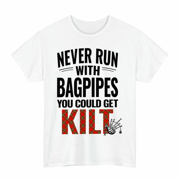 Scottish Scott Modern Clan Tartan Never Run With Bagpipes T-Shirt Tartan Plaid White Color