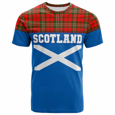 Scottish Scott Modern Clan Tartan T-Shirt - Lion Rampant of Scotland With Flag Front Side Tartan Plaid