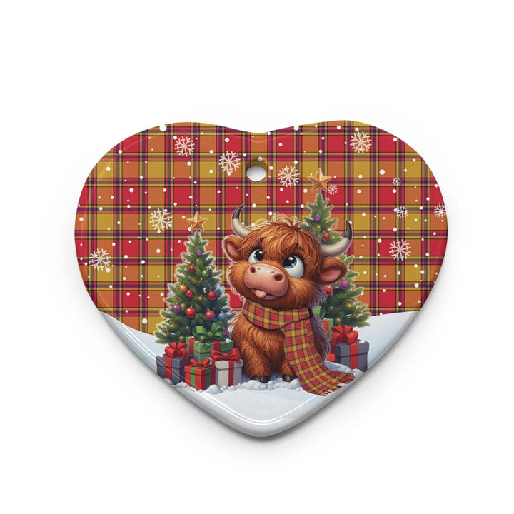Scottish Scrymgeour Clan Tartan Ceramic Ornament Cute Highland Cow Christmas Heart Style Tartan Plaid