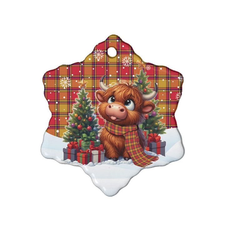 Scottish Scrymgeour Clan Tartan Ceramic Ornament Cute Highland Cow Christmas Snow Flake Style Tartan Plaid