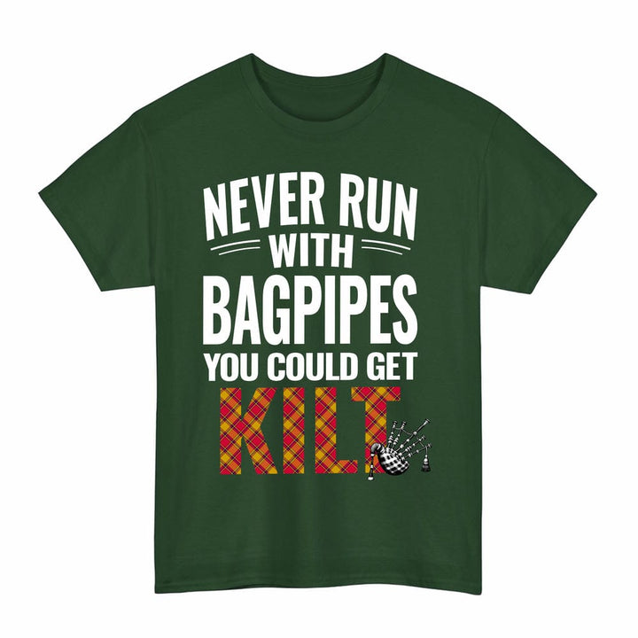 Scottish Scrymgeour Clan Tartan Never Run With Bagpipes T-Shirt Tartan Plaid Forest Green Color