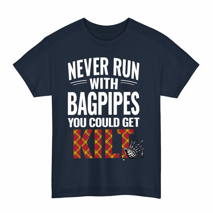 Scottish Scrymgeour Clan Tartan Never Run With Bagpipes T-Shirt Tartan Plaid Navy Color