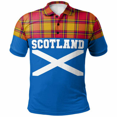 Scottish Scrymgeour Clan Tartan Polo Shirt - Lion Rampant of Scotland With Flag Front Side Tartan Plaid