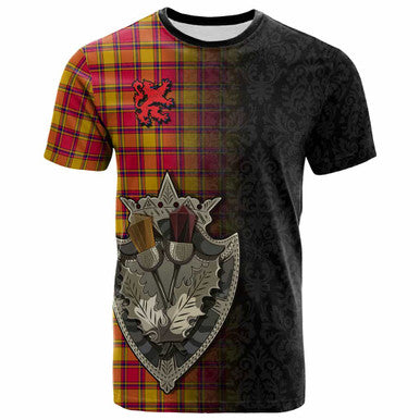 Scottish Scrymgeour Clan Tartan T-Shirt - Half Thistle Flowers Celtic Design Front Side Tartan Plaid