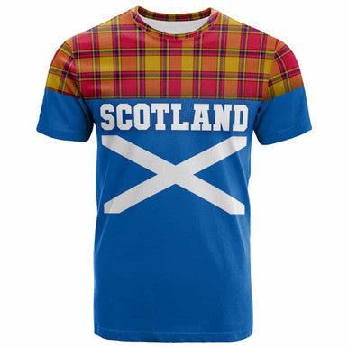 Scottish Scrymgeour Clan Tartan T-Shirt - Lion Rampant of Scotland With Flag Front Side Tartan Plaid