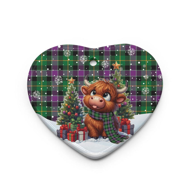 Scottish Selkirk Clan Tartan Ceramic Ornament Cute Highland Cow Christmas Heart Style Tartan Plaid