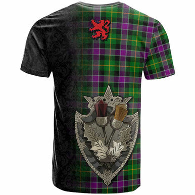 Scottish Selkirk Clan Tartan T-Shirt - Half Thistle Flowers Celtic Design Back Side Tartan Plaid