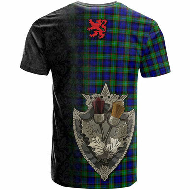 Scottish Sempill Modern Clan Tartan T-Shirt - Half Thistle Flowers Celtic Design Back Side Tartan Plaid