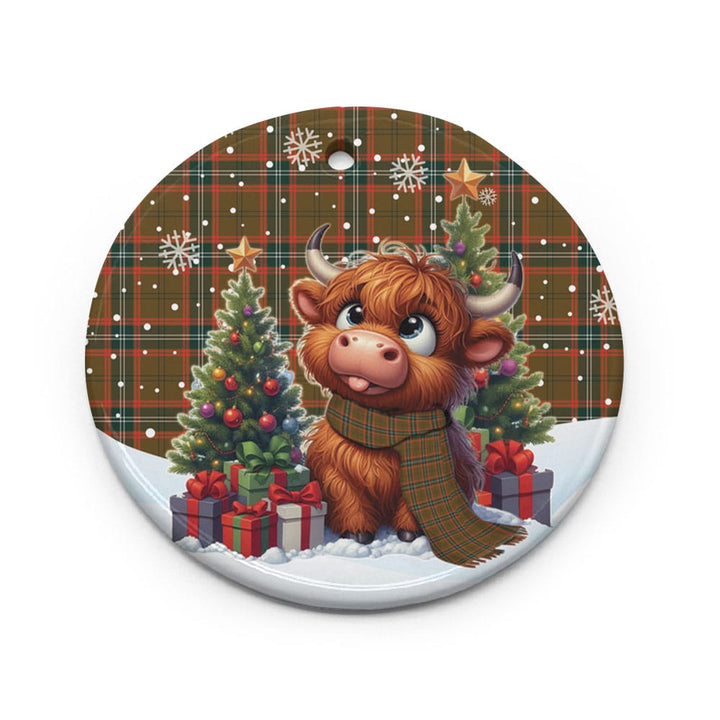 Scottish Seton Hunting Modern Clan Tartan Ceramic Ornament Cute Highland Cow Christmas Circle Style Tartan Plaid