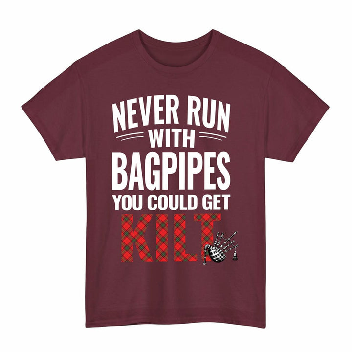 Scottish Seton Modern Clan Tartan Never Run With Bagpipes T-Shirt Tartan Plaid Maroon Color